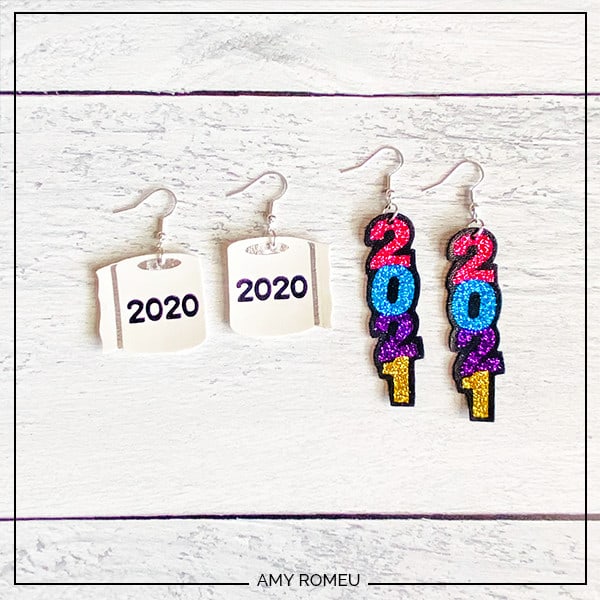 2020 Toilet Paper Earrings and 2021 New Year's Eve Earrings made with a Cricut