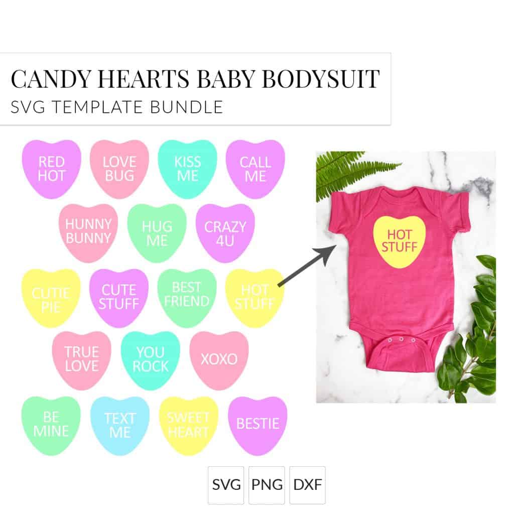 candy heart SVGs shown on a baby onesie