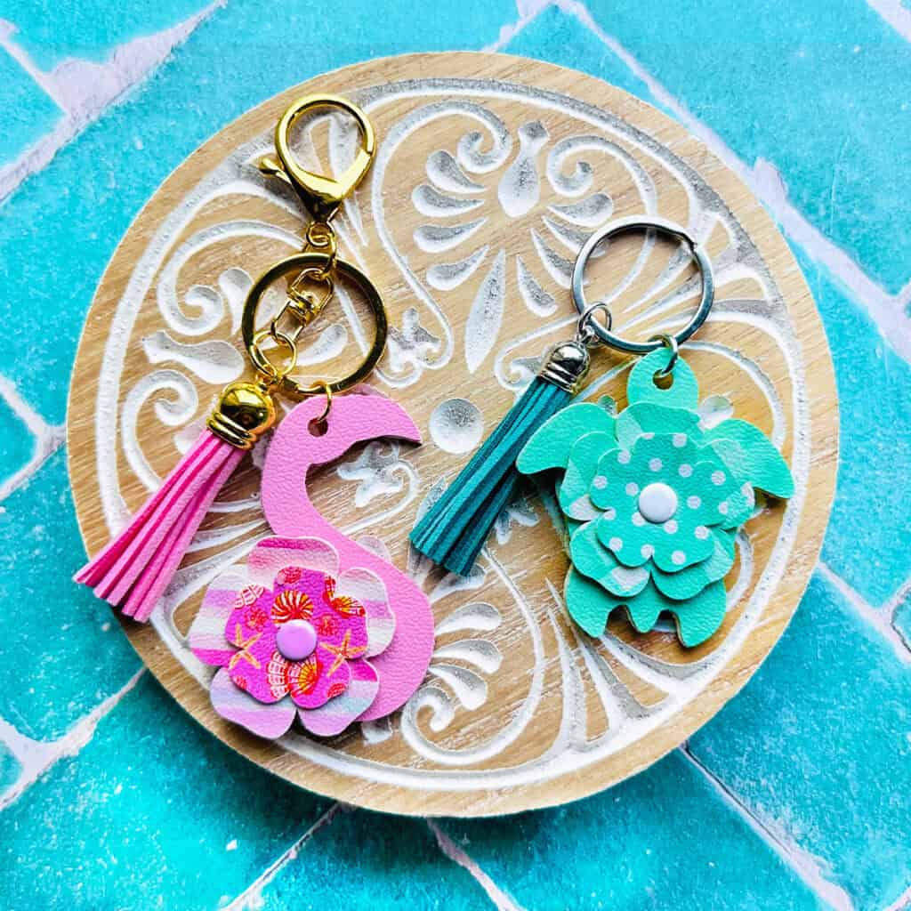 flamingo and turtle faux leather keychains made with a Cricut