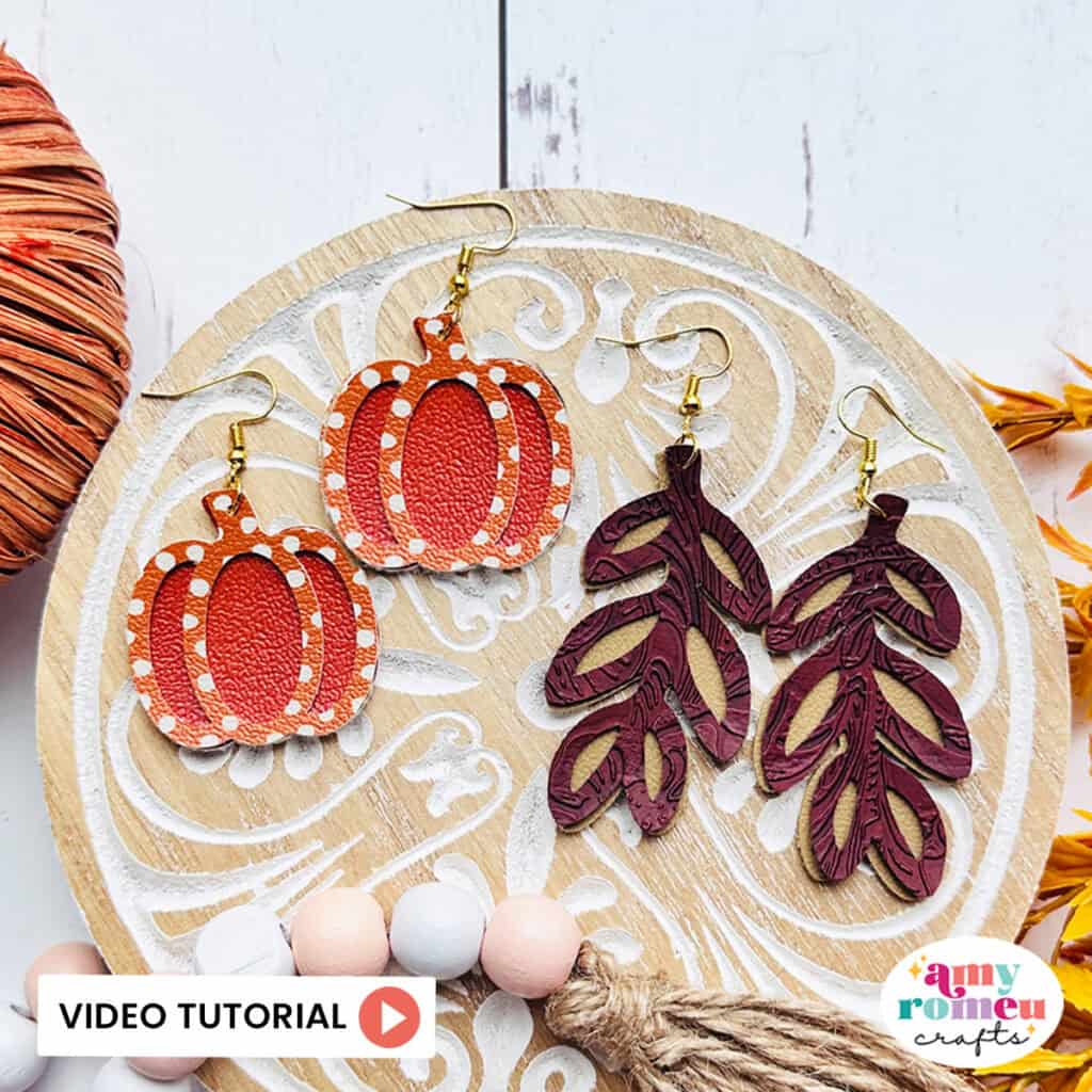 faux leather pumpkin and leaf cutout earrings