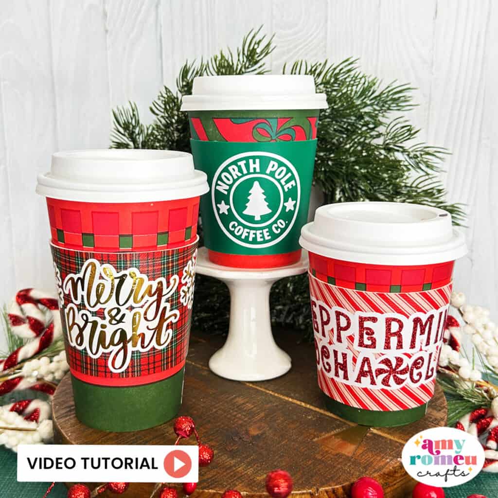 set of 3 holiday faux leather coffee cup sleeves made with a Cricut