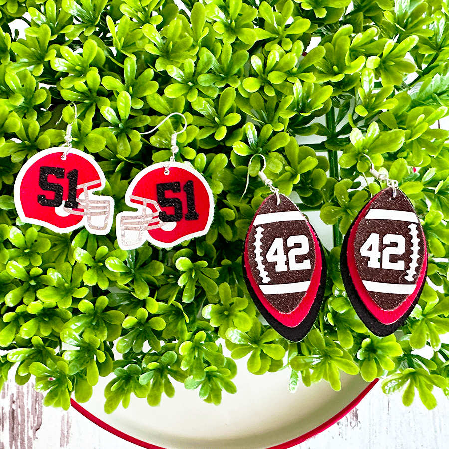 Personalized faux leather football earrings made with a Cricut