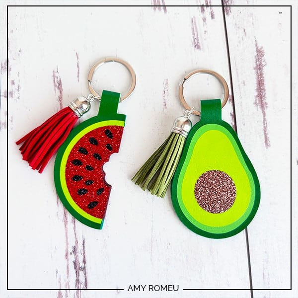 Watermelon and Avocado Faux Leather Keychains made with a Cricut