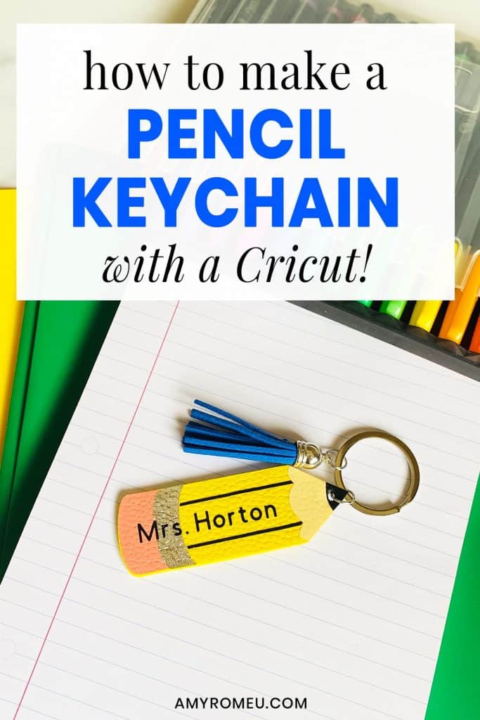 pencil keychain stacked on top of school supplies