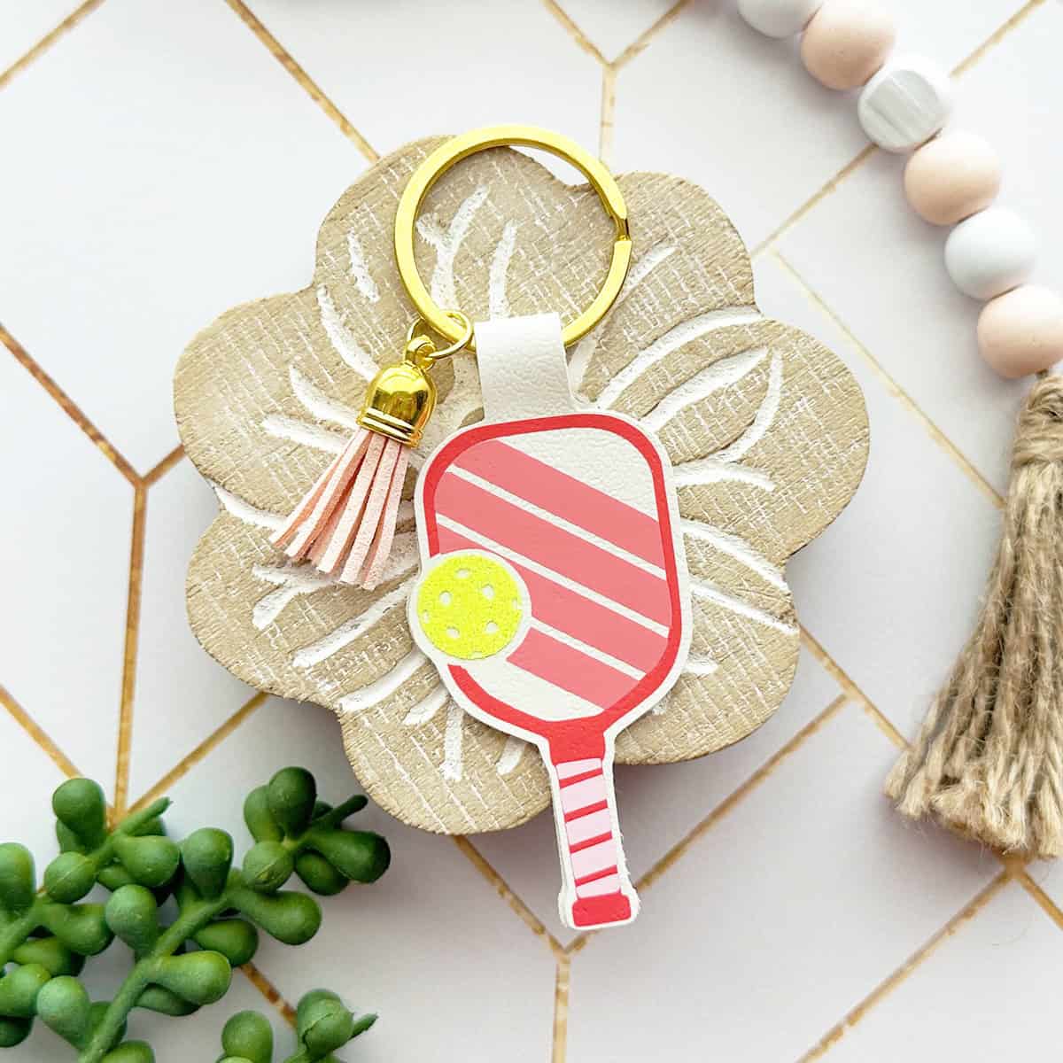 Faux Leather Pickleball Keychain made with a Cricut