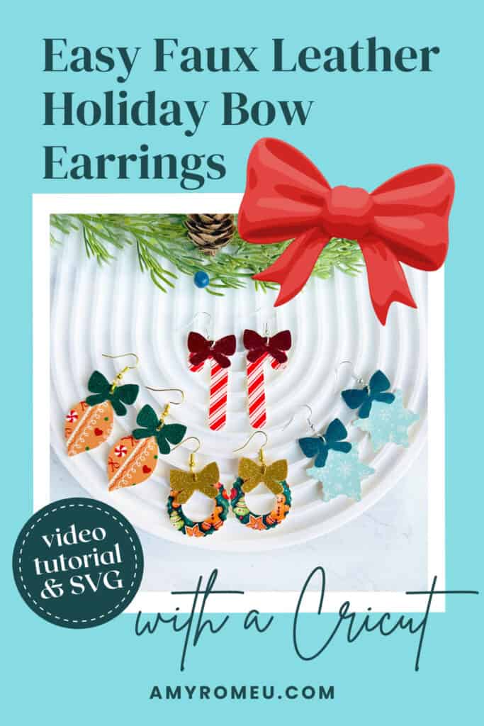 holiday bow earrings made with faux leather and a Cricut