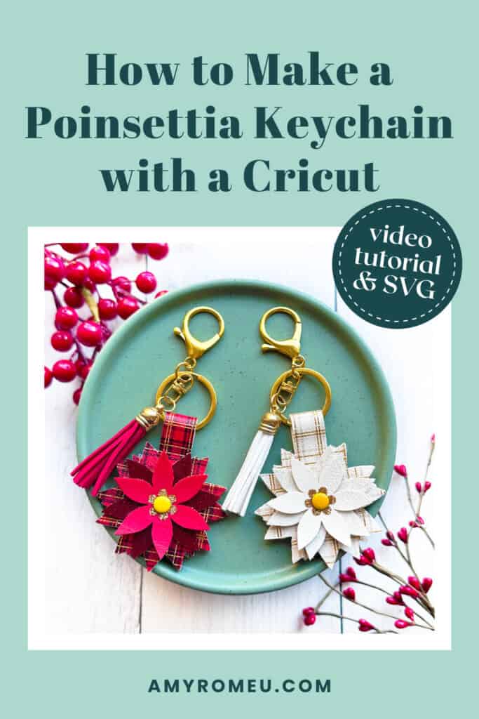 Faux Leather Poinsettia Keychains made with a Cricut by Amy Romeu