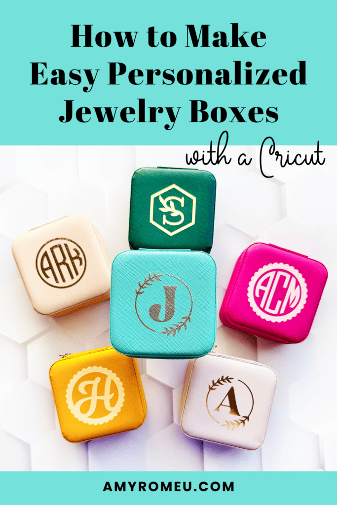 assorted colorful jewelry boxes decorated with monograms and initials