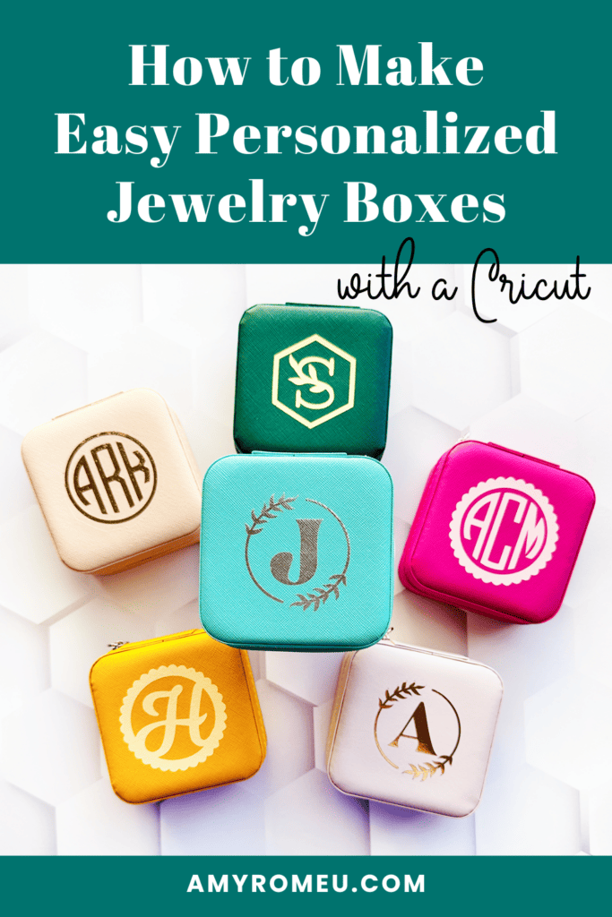 assorted colorful jewelry boxes decorated with monograms and initials