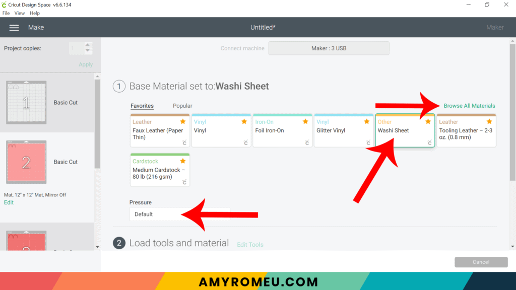 Cricut design space material settings screen