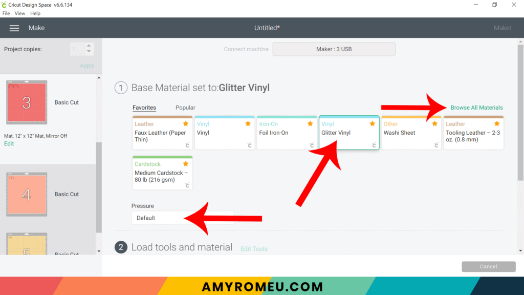 Cricut design space material settings screen