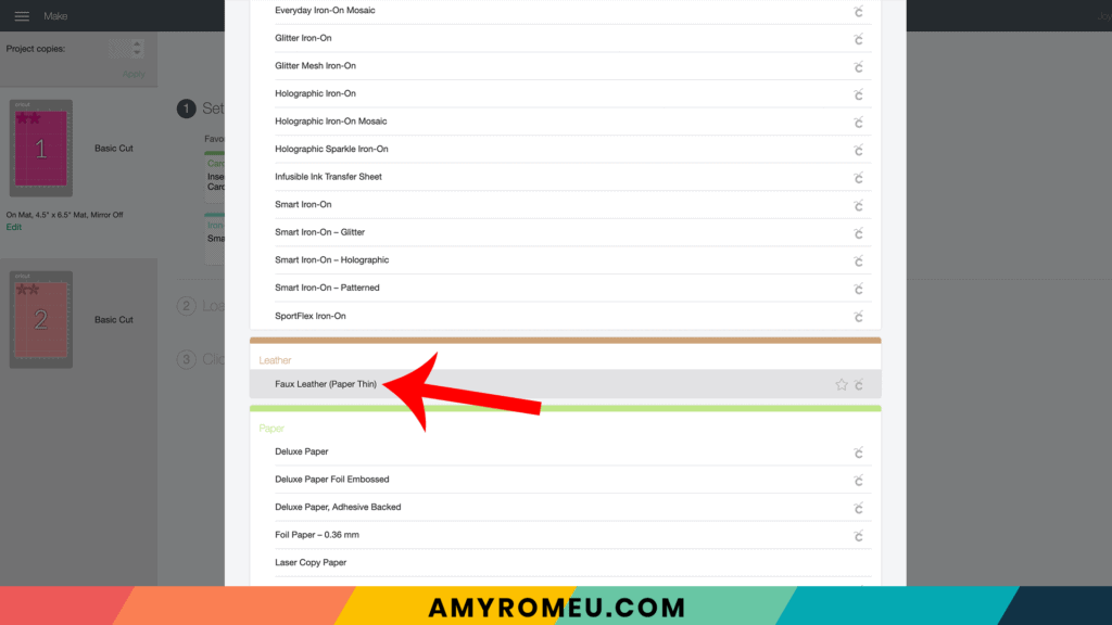 selecting faux leather as material setting cricut joy