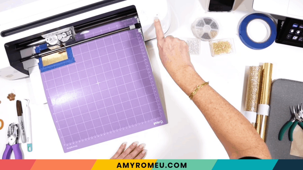 loading purple cutting mat into Cricut cutting machine