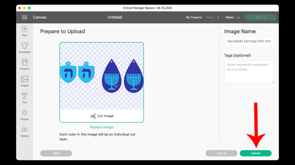 preview of uploading Hanukkah Earring SVG to Cricut Design Space