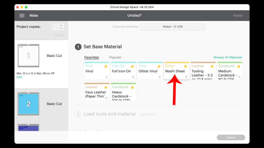 washi sheet material setting Cricut Design Space