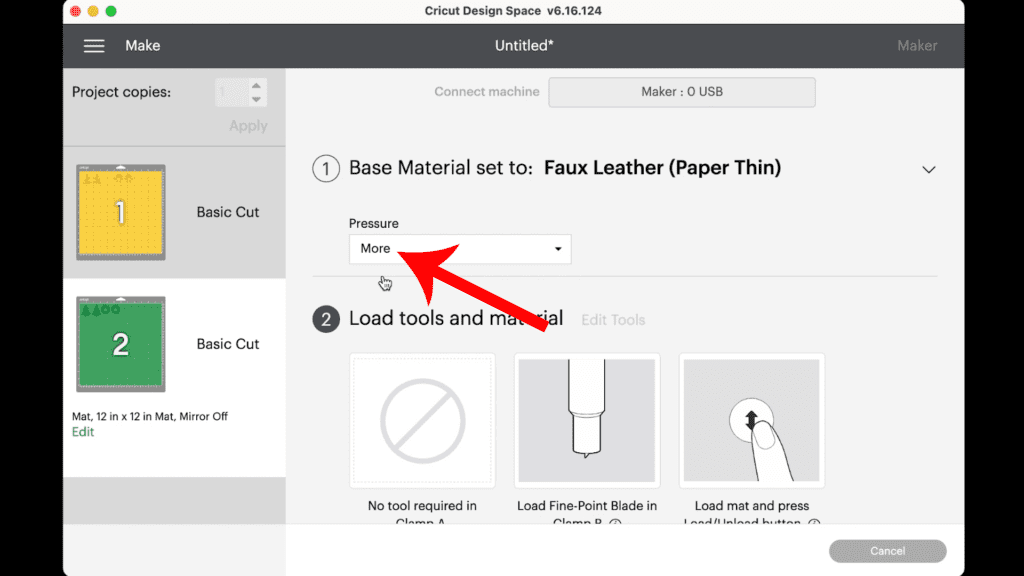 choosing faux leather material setting in Cricut Design Space