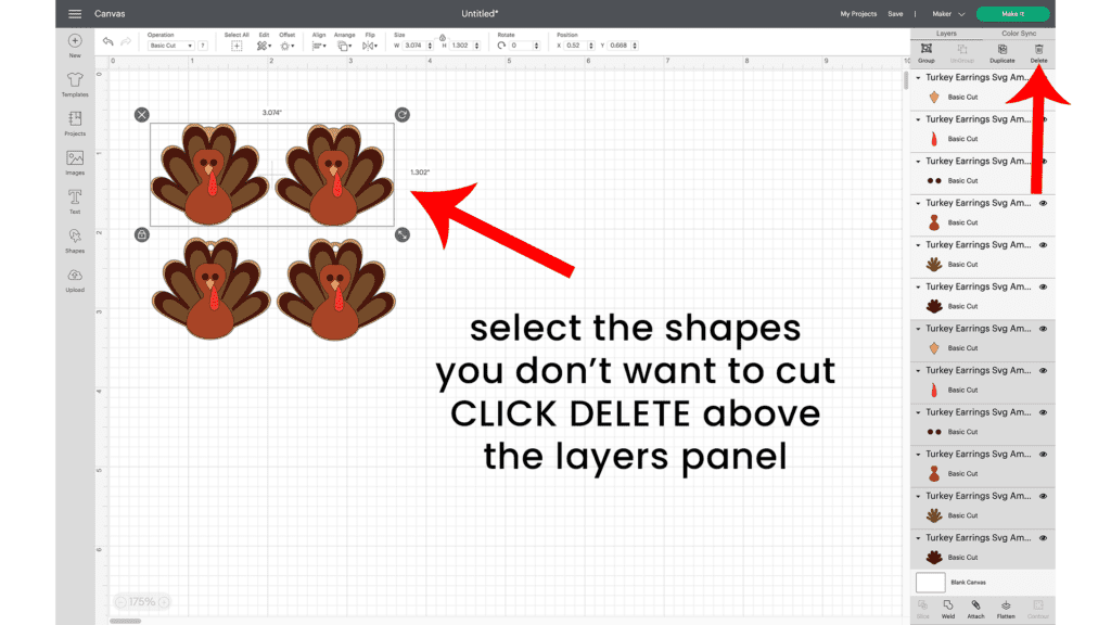 deleting turkey earring layers in Cricut Design Space