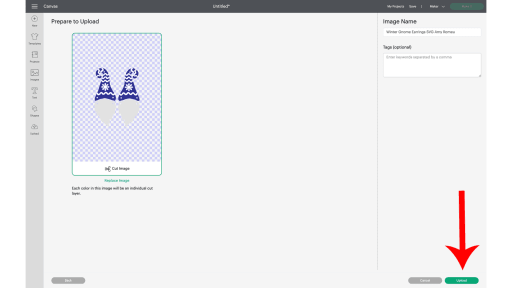 uploading gnome earring SVG to Cricut Design Space