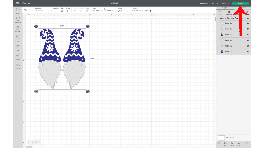 prepping gnome earring SVG to cut in Cricut Design Space