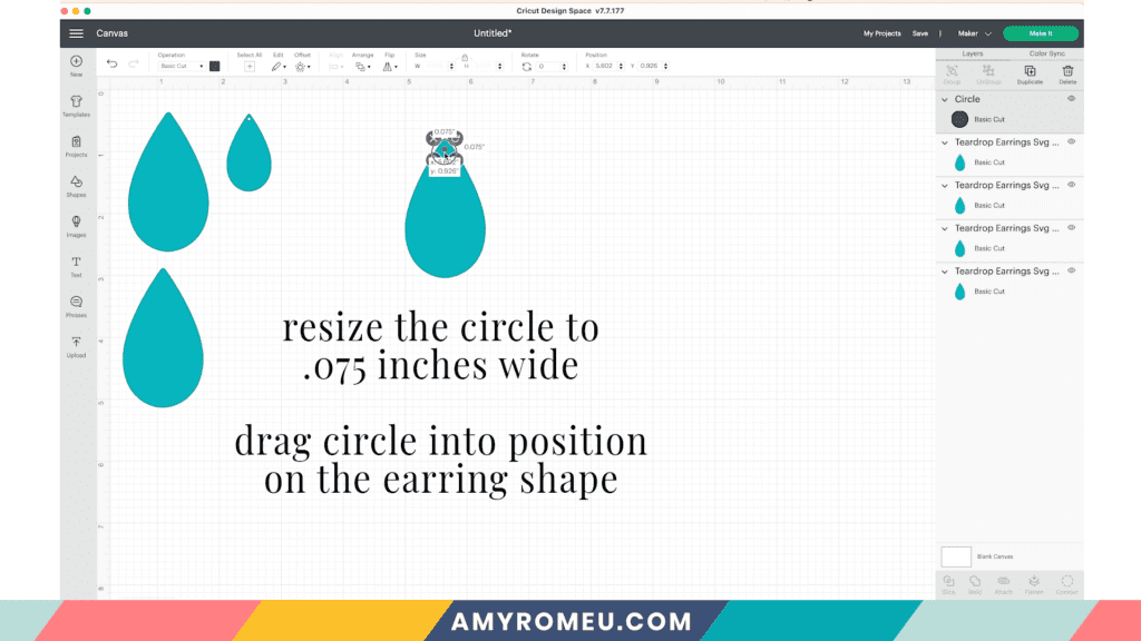 Cricut Design Space screenshot of earring holes