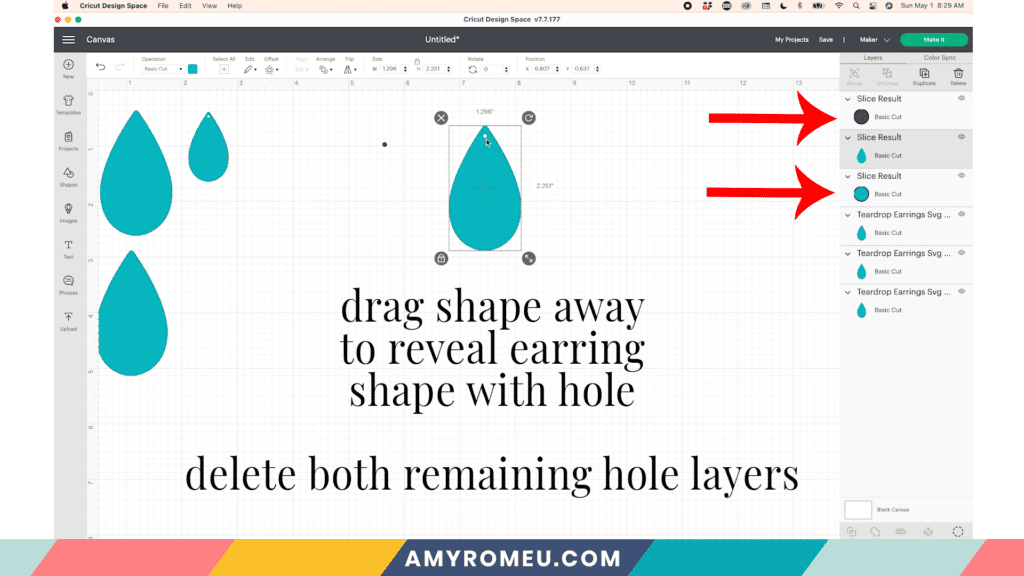 Cricut Design Space screenshot of earring holes