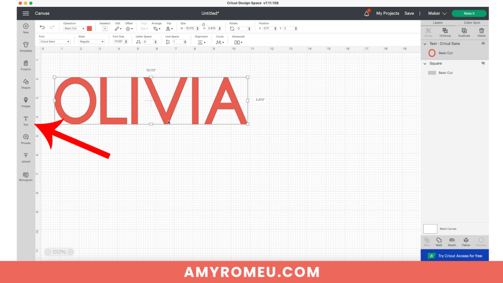 typing out text to use offset to create a personalized name sign in Cricut Design Space