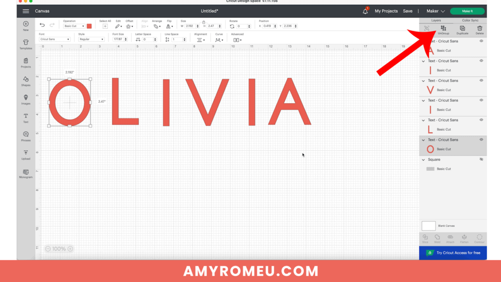 ungrouping text to use offset to create a personalized name sign in Cricut Design Space