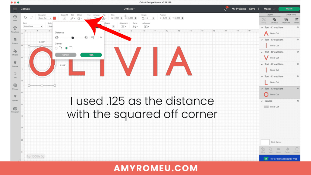 adding offset to create a personalized name sign in Cricut Design Space