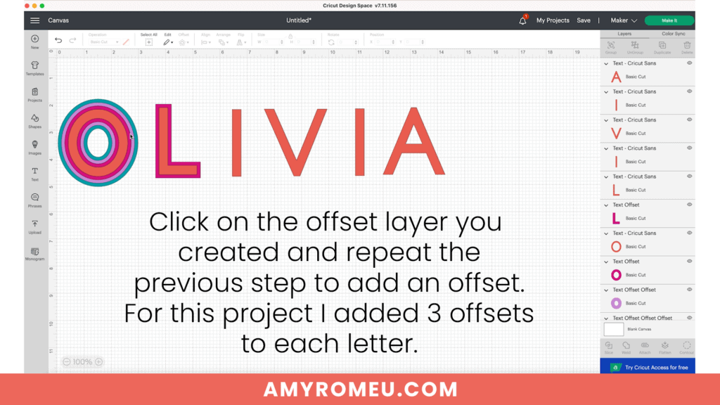 adding offset to text to create a personalized name sign in Cricut Design Space