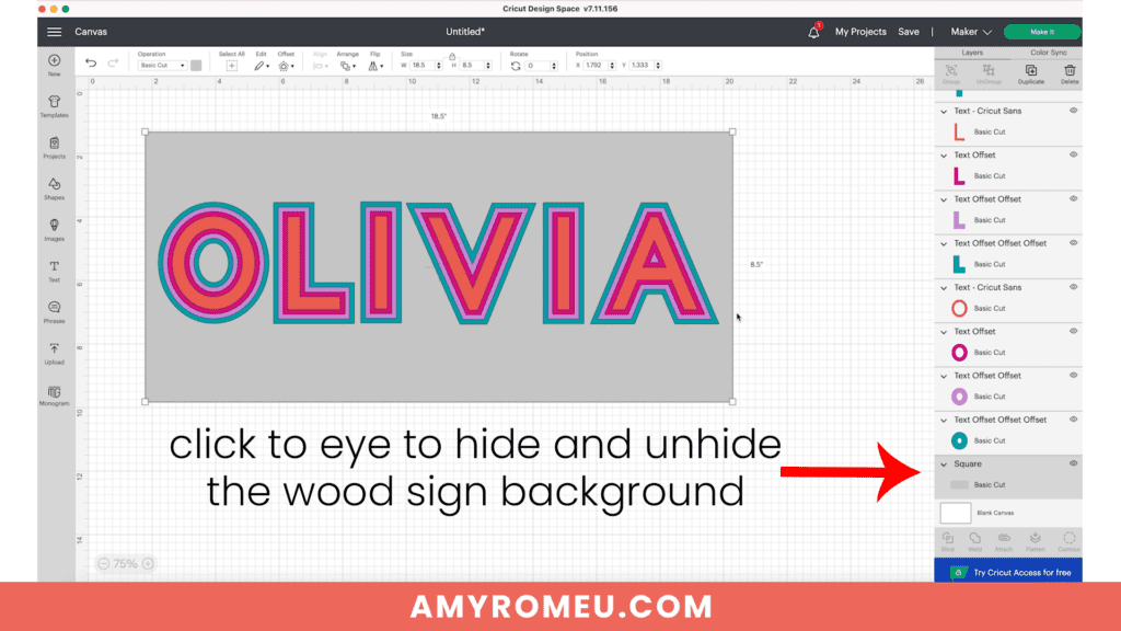 formatting offset text to create a personalized name sign in Cricut Design Space