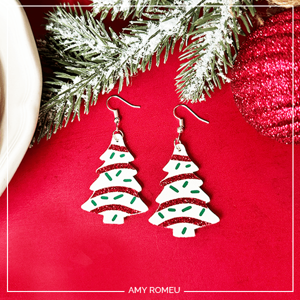 faux leather Christmas Tree Cake earrings made with a Cricut