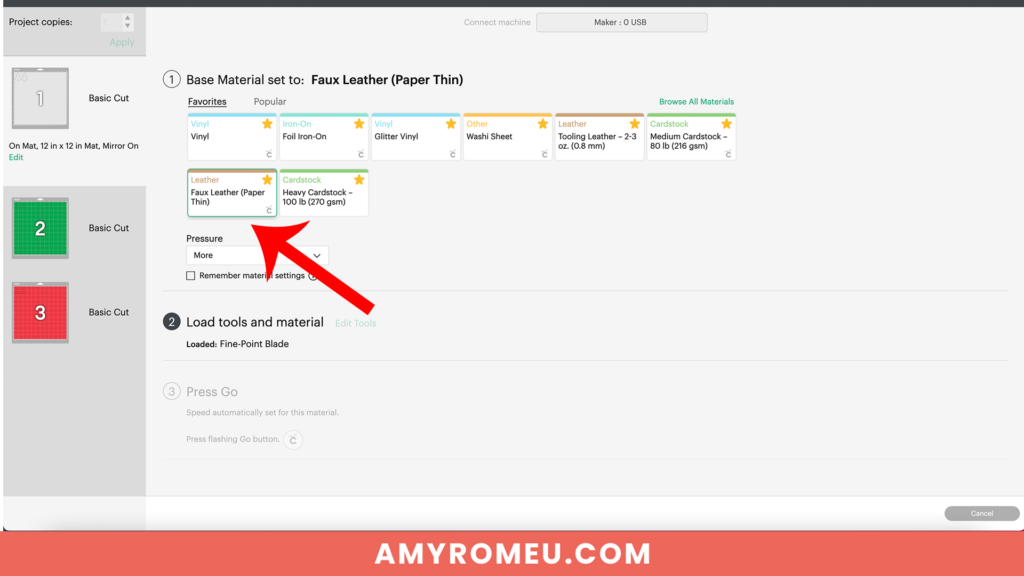 making material selection in Cricut Design Space 