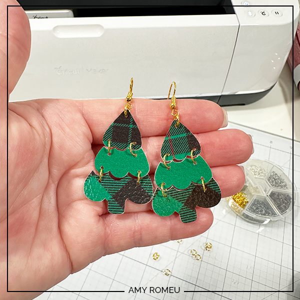 assembled faux leather connected Christmas tree earrings