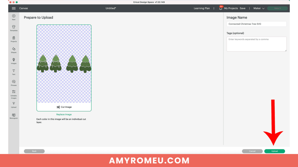 uploading Christmas tree earring SVG to Cricut Design Space