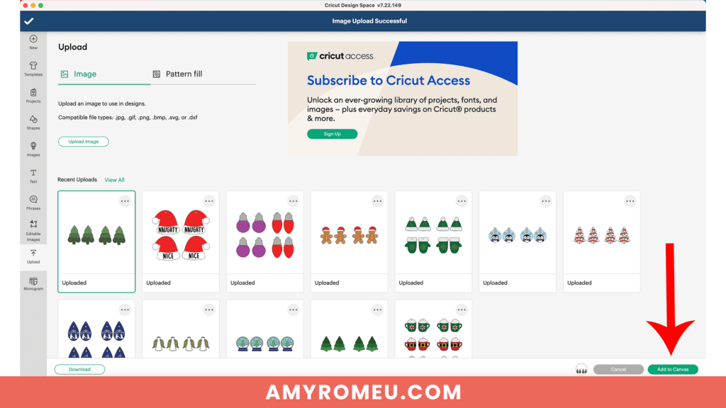 uploading Christmas tree earring SVG to Cricut Design Space