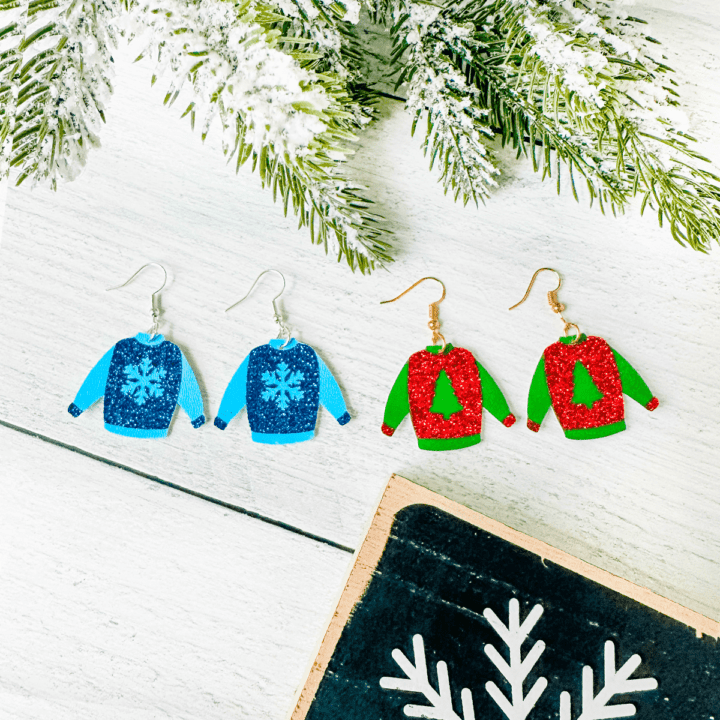 faux leather Christmas Sweater Earrings made with a Cricut