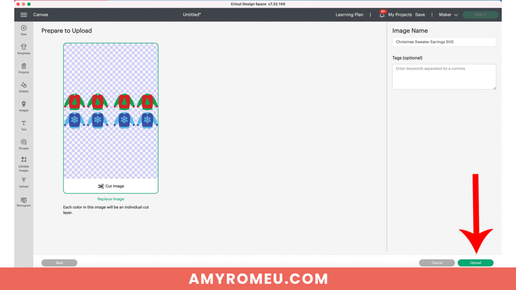 uploading Christmas Sweater earring SVG to Cricut Design Space