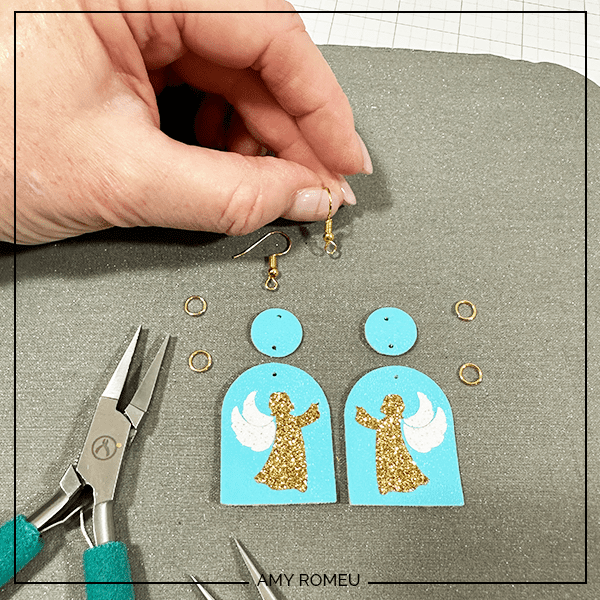 attaching earring hooks to faux leather arched angel earrings with a Cricut