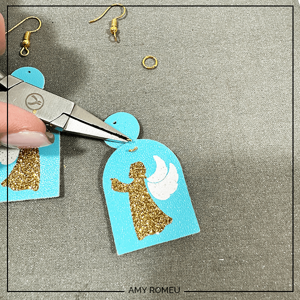 attaching earring hooks to faux leather arched angel earrings with a Cricut