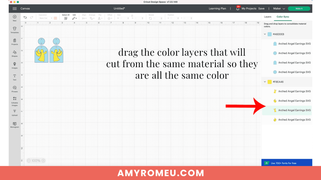 using color sync in Cricut Design space to make faux leather arched angel earrings with a Cricut
