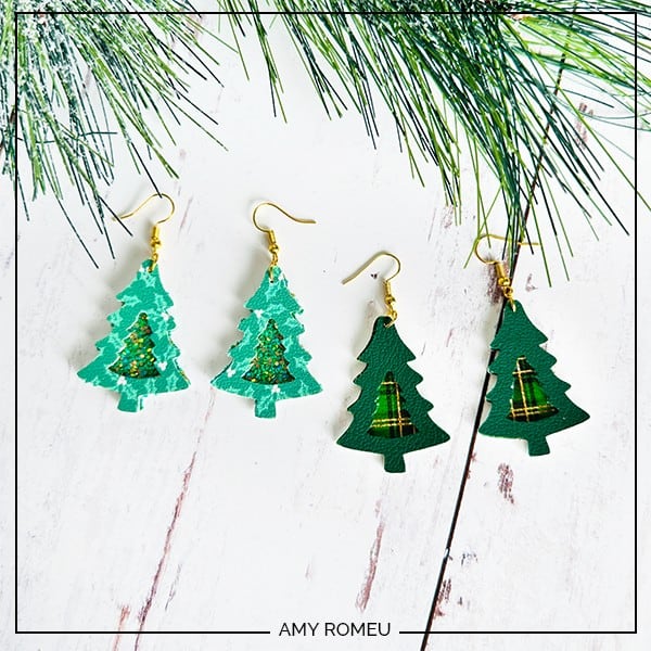 Cricut faux leather Christmas Tree earrings