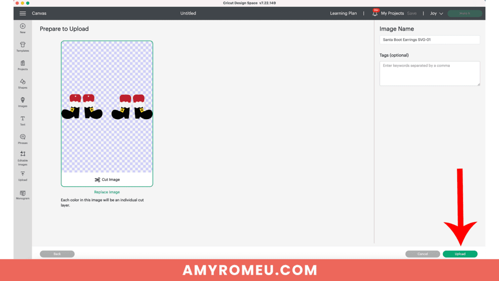 uploading earring SVG to Design Space to make Santa Boot earrings with a Cricut