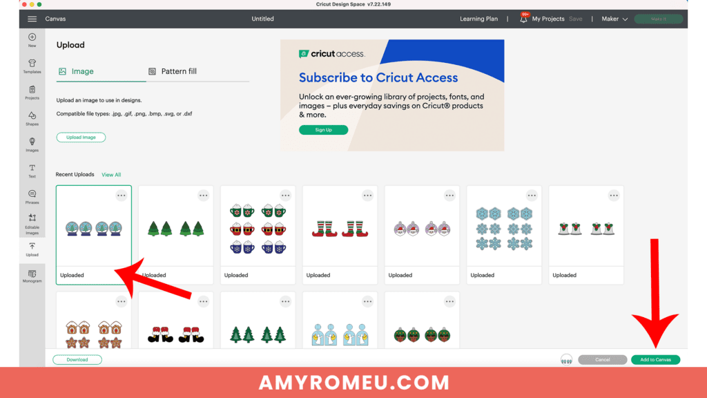 uploading earring SVG template to make faux leather snow globe earrings with Cricut