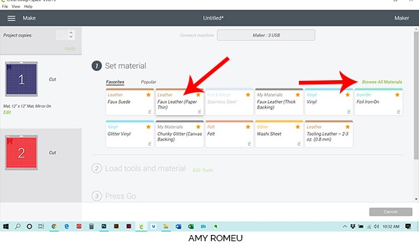 Cricut Design Space material selection screen