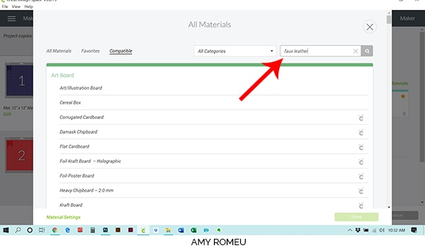 Cricut Design Space browse for material setting