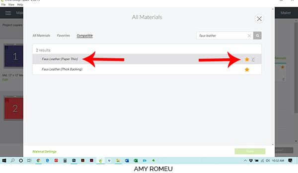 Cricut Design Space faux leather material setting