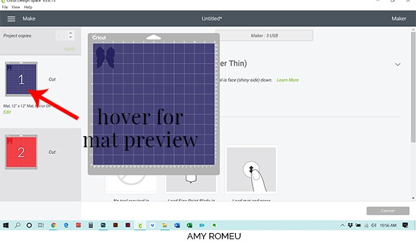 Cricut Design Space hover for mat preview