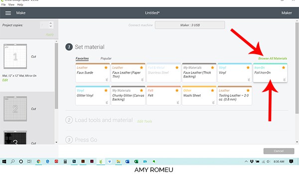 material selection screen Cricut Design Space