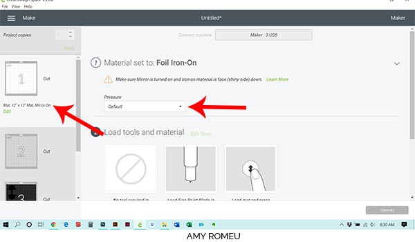 pressure setting Cricut Design Space