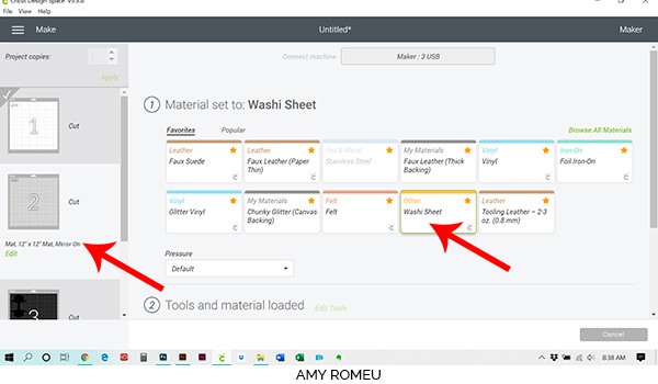 choosing Washi Sheet cut setting in Cricut Design Space